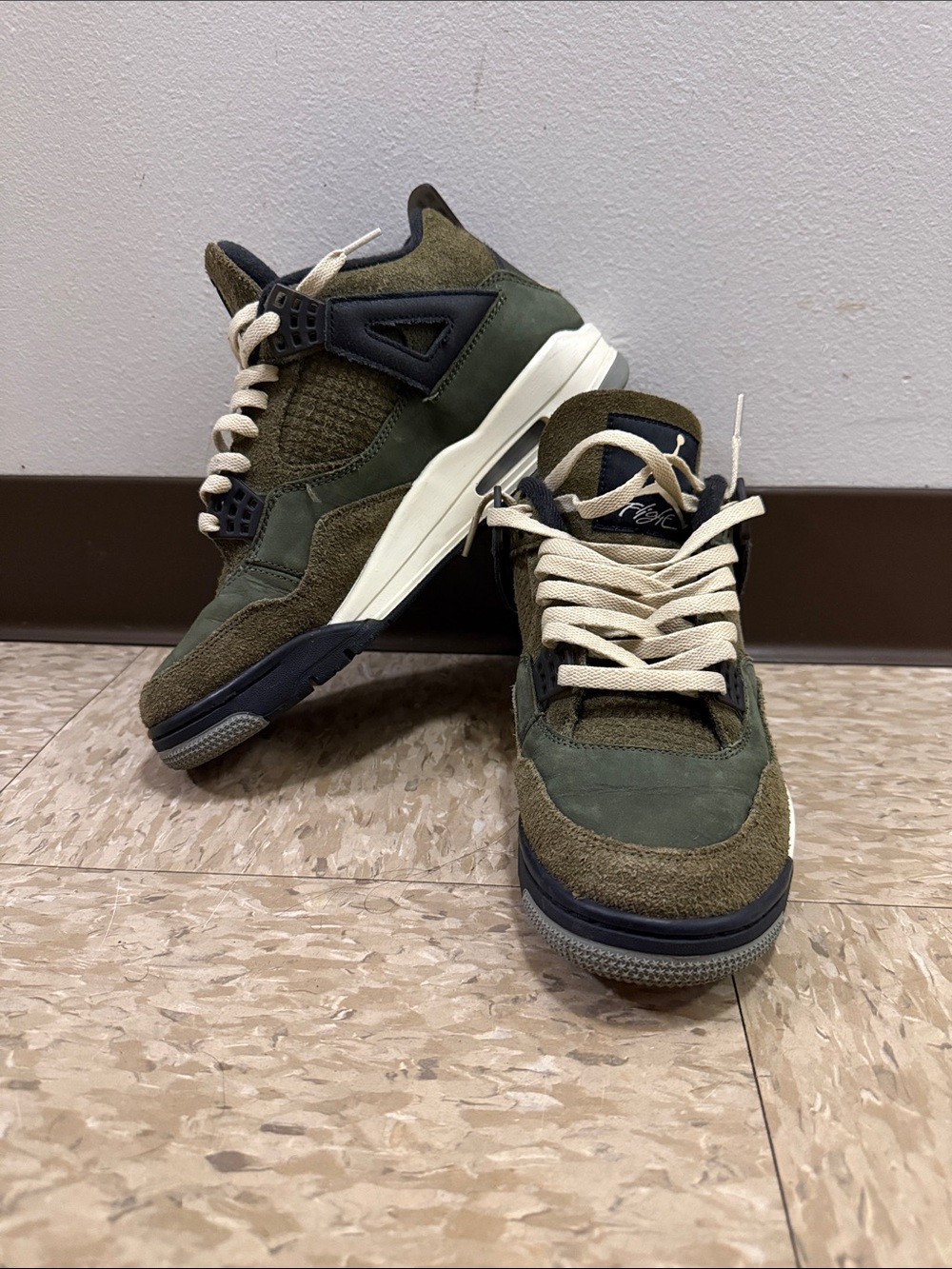Jordan Men's Olive Green and Navy Suede Sneakers with Cream Laces